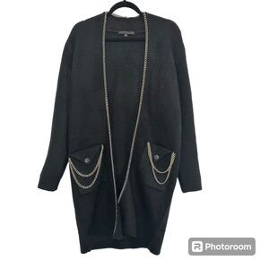 Max Sport Black Long Line Cardigan Sweater Women Small Gold Chain Embellishment